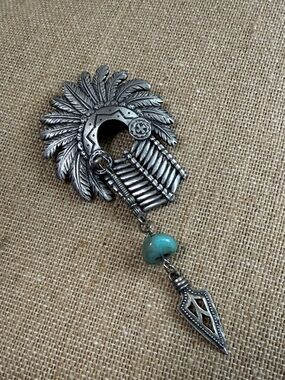 Silver Feather Headdress Brooch with Turquoise Drop
